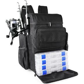 Fishing Tackle Backpack With Rod Holders, 45L Large Tackle Bag & Fishing Tackle Backpack for Fishing, Camping, Hiking,Black
