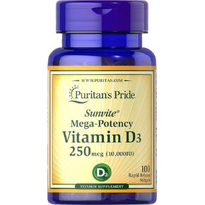 Puritan's Pride Vitamin D3 10000 IU Bolsters Health Immune System Support and Healthy Bones & Teeth Softgels, Yellow, 100 Count