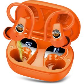 Wireless Earbuds Bluetooth 5.4 Headphones Sport, 50H Stereo Ear Buds LED Display, 2025 Bluetooth Earbuds with 4 ENC Noise Canceling Mic, IP7 Waterproof Earphones with Earhooks for Running, Pumpkin