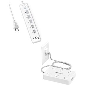 2 PRONG Power Strip ، WRXDMC 2 Prong to 3 Prong Outlet Adapter ، 1400J اثنين من واقي الطفرة الشقوق ، سلك تمديد مضفر 6 قدم مع قابس مستقطب مسطح رفيع ، 6 AC و 4 USB ، جدار الجدار للمنفذ غير الأساسي