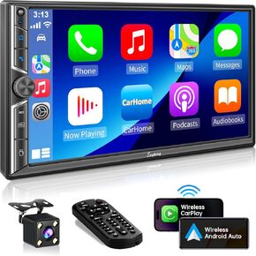 SJoyBring 7-inch Double Din Car Stereo with Wireless CarPlay & Android Auto, HD Touchscreen, Backup Camera, Bluetooth 5.0, 4.2-Channel Audio, FM/AM Radio,Mirror Link
