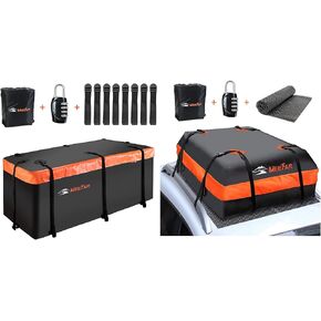 Combo of MeeFar Hitch Mount Cargo Carrier Bag Soft Shell 20 Cubic Feet 100% Waterproof + 15 Cubic Feet Car Roof Bag Cargo Carrier