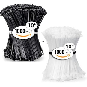 ALBO Zip Ties Black+White 10 Inch 2000 Pack Long Plastic Cable Ties Thick 0.14 Inch Tie Wraps Heavy Duty 40 lb UV Resistant Nylon Wire Ties for Indoor and Outdoor