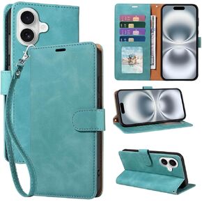 for iPhone 16 Wallet Case,[RFID Blocking 4 Card Slots Holder] Soft PU Leather Folio Flip Cases,Wrist Strap,Shockproof Protective Stand Cover for iPhone 16 (Green)