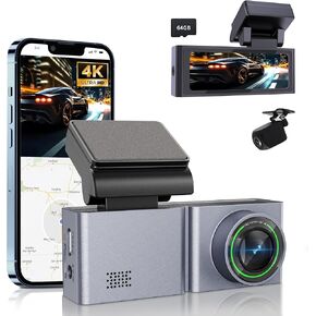 Dash Cam الأمامي والخلفي ، 4K/1080P كاميرا DASH DASH DASH DASH للسيارات مع WIFI و GPS ، 3.2 "IPS DASHCAM مع رؤية ليلية ومواقف 24 ساعة ، WDR ، مستشعر G ، تسجيل حلقة ، بطاقة 64 جيجابايت مجانية