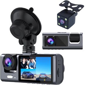 Unifizz 3 Channel Dash Cam Front and Rear Inside 1080P Dashcam Three Way Triple Car Camera with IR Night Vision, Loop Recording, G-Sensor, 24 Hours Recording, Support 128 GB