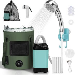 Portable Camping Shower, Pop Up Shower Privacy Tent Kit with LED Lights, Rechargeable Shower Pump with 6.6 Gallons Foldable Bucket Camp Bathroom for Adults Outdoor Hiking