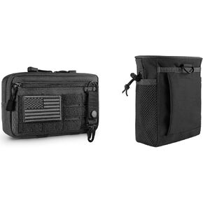 Tactical Molle Admin Pouch with USA Flag Patch and Keychain & Tactical Molle Dump Pouch Drawstring Magazine Dump Bag