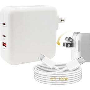 65W USB C Fast Charger, 3-Port GaN Wall Charger with Foldable Plug Compatible with MacBook Pro/Air iPad Pro iPhone 16/15 Samsung Galaxy S25/S24 Google Pixel and More (6ft 100W USB C Cable Included)