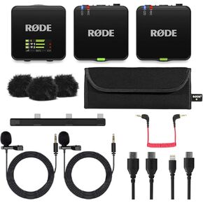نظام ميكروفون مدمج Rode Wireless GO II مع جهاز إرسال 2x، حزمة مع ميكروفون TASL500 Lavalier الصوتي ذو الباب الدوار