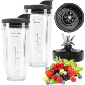 Blender Replacement Parts for Ninja, 24oz Ninja Blender Cups with To-Go Lids, 7 Fins Extractor Blade, Compatible with Nutri Ninja Auto iQ Blenders N401 BN751 BN801 BL450-30 BL480-30 BL2012 NN100-30