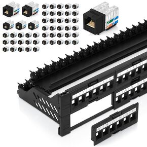 Everest Media Solutions Bundle – 2 Items: 48-Port Keystone Patch Panel + 50 Pack of RJ45 CAT6 Keystone Jacks - Black