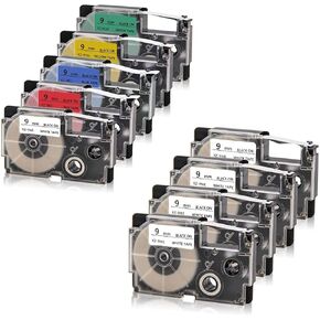 Absonic 9 Pack Compatible Label Tape Replacement for Casio 9mm XR-9WE XR-9RD XR-9BU XR-9YW XR-9GN Label Maker Tape Cassette Compatible with Casio KL-60 KL-100 KL-120 KL-750 KL-7000 Labeler, 3/8" x 26'