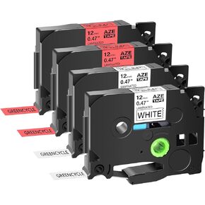 GREENCYCLE Compatible for Brother TZe-231 TZ-431 Laminated Tape Black on White/Red 12mm 0.47" 1/2 Inch for P Touch PT-D200 PT-D210 PT-D400 PT-H100 PT-1230PC Label Makers, 4 Pack
