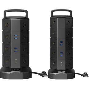 JACKYLED Power Strip Tower, 20 AC Outlets 6 USB Ports(2 USB C), 1050J Surge Protector, 13A Desktop Charging Station, 6.5ft Heavy Duty Extension Cord with Multiple Outlets for Home Office Garage, Black