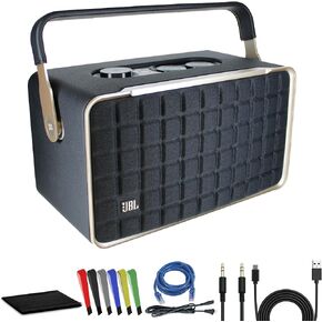 JBL Authentics 300 - Retro Style Wireless Bluetooth and Wi-Fi 100W Portable Smart Home Speaker (JBLAUTH300BLKAM) With USB-C, Network, and AUX Cables, Wire Straps, and Cleaning Cloth
