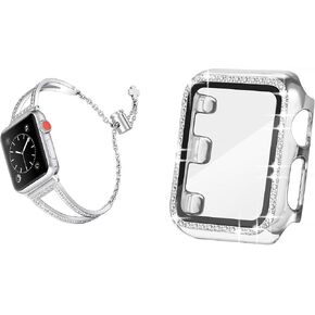Secbolt 42mm Silver Bling Case with Screen Protector and Silver Bling Bangle for Apple Watch 42mm iWatch Series 3/2/1