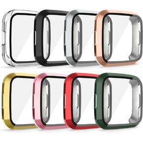 8 Pack Hard PC Screen Protector Compatible with Fitbit Versa, Slim Tempered Glass Screen Protector Overall Protective Cover Bumper for Fitbit Versa Smartwatch, 9H Hardness, Not Fit for Versa 2