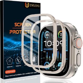 EWUONU [2 Pack Screen Protector for Apple Watch Ultra 3/2 /Ultra 49mm, Tempered Glass with Titanium Alloy Frame Case, Bubble Free Waterproof HD Glass Film for iWatch Ultra 3/2/Ultra 49mm, Titanium