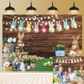 Easter Backdrop for Photography 7x5FT Spring Green Grass Flower Rabbit Egg Wooden Wall Background Easter Kids Newborn Portrait Photo Props