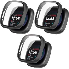 Screen Protector Cases Compatible with Fitbit Versa 4/Sense 2 Smartwatch, Replacement Shockproof Cover Slim Guard Thin Bumper Shell Protector Built-in Tempered Film Design (Black*3)