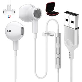 ASKUBSKU USB Headphones with Microphone for PC 7.5 Ft Cable, USB A Headset for Computer, Wired USB Earbuds with Mute Stereo Noise Canceling Call Cord Earphones for Laptop, White