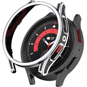 Smartwatch Full Coverage PC Protective Case Cover with Tempered Glass Screen Protector Compatible with Samsung Watch 5 44mm, Soft and Durable(Black+Silvery)