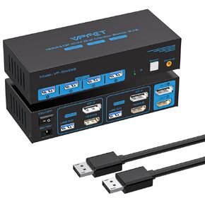 8K60Hz HDMI+DP KVM Switch 2 monitors 2 computers with 8K DisplayPort cable 1.4, DP to DP male-to-male gold-plated cable 3.3 ft. (8K60Hz, 4K144Hz) for 2 computers sharing 2 monitors and 1 set of keyboa