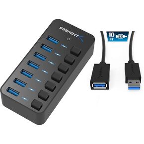 7 Port USB 3.0 Hub with Individual Power Switches and LEDs Includes 36W 12V/3A Power Adapter + USB 3.0 Extension Cable A Male to A Female [Black] 10 Feet