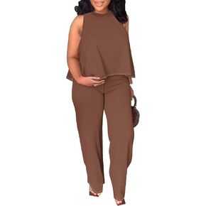 BXBY Two Piece Sets for Women Summer Pleated Ruffle Hem Sleeveless Top Wide Leg Pant Outfits Casual Vacation 2024 Tracksuit