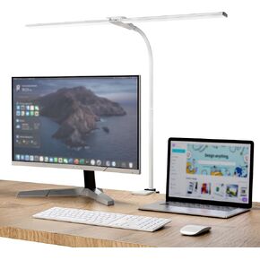 LED Desk Lamp for Home Office, Bright Double Head Desk Lamp with Clamp, Dimmable 5 Color Modes Desk Lighting, 12W Eye-Caring Architect Table Lamp for Workbench, Monitor, Reading, Study, 1400lm