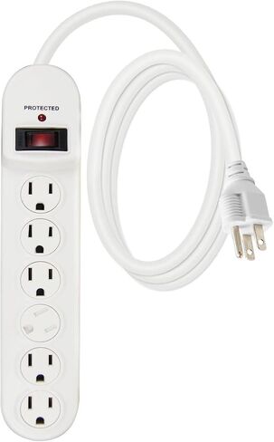 Surge Protector Power Strip with 6ft Extension Cord, 510 Joules, Straight Plug, Safety Cover,Integrated Circuit Breaker,PS-636, White,UL Listed in Saudi Arabia
