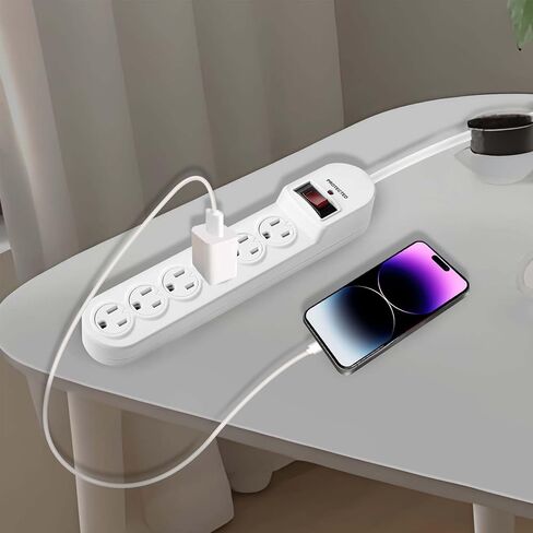 Surge Protector Power Strip with 6ft Extension Cord, 510 Joules, Straight Plug, Safety Cover,Integrated Circuit Breaker,PS-636, White,UL Listed in Saudi Arabia