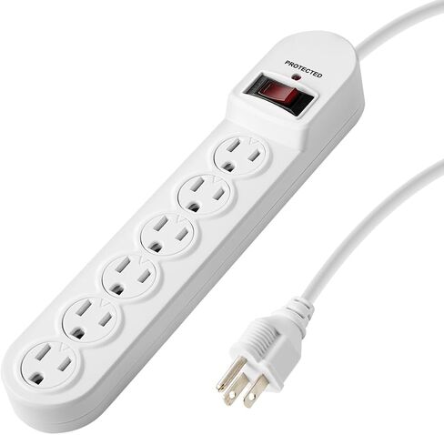 Surge Protector Power Strip with 6ft Extension Cord, 510 Joules, Straight Plug, Safety Cover,Integrated Circuit Breaker,PS-636, White,UL Listed in Saudi Arabia