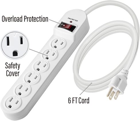 Surge Protector Power Strip with 6ft Extension Cord, 510 Joules, Straight Plug, Safety Cover,Integrated Circuit Breaker,PS-636, White,UL Listed in Saudi Arabia