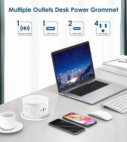Pop up Outlet for Countertop with Wireless Charger,45W USB C Port, 4.7'' Diameter Round Pop Up Counter Outlet with AC Outlets,USB Ports,Hidden Outlet,Pop Out Outlet in Kuwait