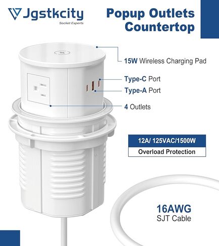 Pop up Outlet for Countertop with Wireless Charger,45W USB C Port, 4.7'' Diameter Round Pop Up Counter Outlet with AC Outlets,USB Ports,Hidden Outlet,Pop Out Outlet in Kuwait