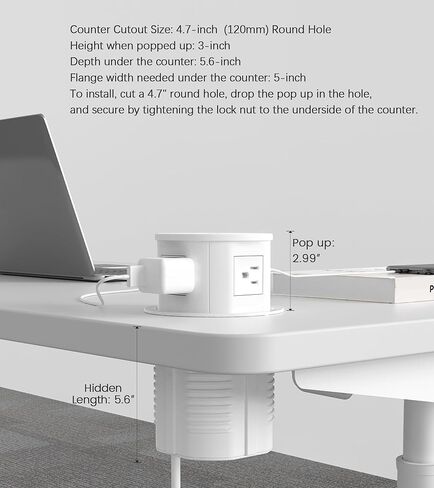 Pop up Outlet for Countertop with Wireless Charger,45W USB C Port, 4.7'' Diameter Round Pop Up Counter Outlet with AC Outlets,USB Ports,Hidden Outlet,Pop Out Outlet in Kuwait