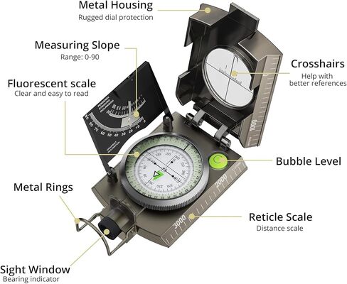 Compass Hiking Survival, IP65 Waterproof Metal Compass with Sighting Clinometer and Carry Bag, Multifunctional, Professional, for Camping Hunting Hiking Navigation in Saudi Arabia