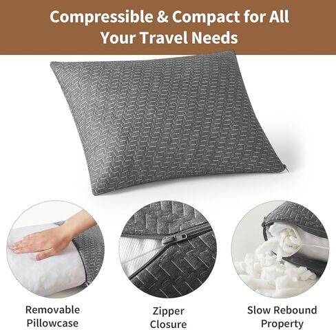 Camping Pillow Travel Pillow Small Shredded Memory Foam Pillow - Compressible Medium Firm, Breathable Cover, Ideal Backpacking Hiking, Airplane and Car in Kuwait