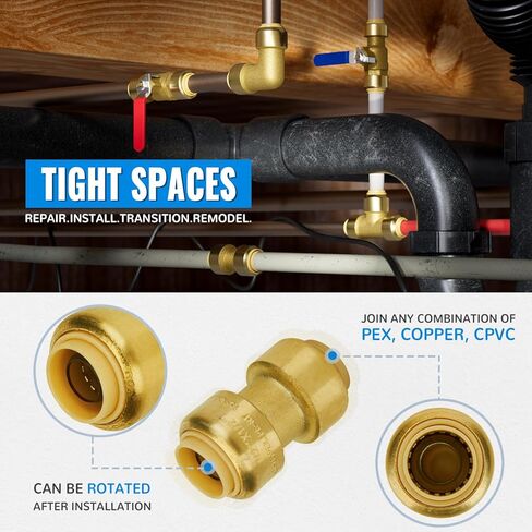 SUNGATOR Pushfit Plumbing Fitting Assortment 1/2 Inch, Straight Coupling (10 PCS), Tee (5 PCS), No Lead Brass Push to Connect Pex, Copper, CPVC, with A Disconnect Clip, Pack of 15 in Kuwait