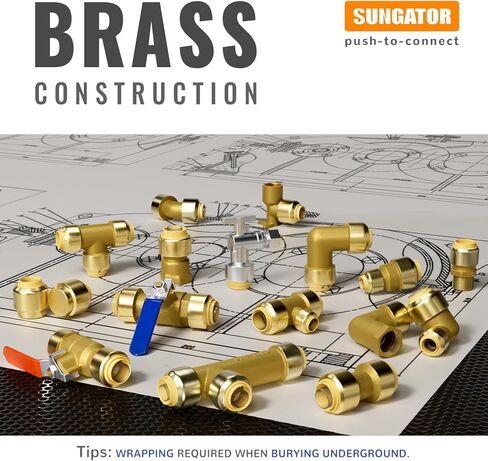 SUNGATOR Pushfit Plumbing Fitting Assortment 1/2 Inch, Straight Coupling (10 PCS), Tee (5 PCS), No Lead Brass Push to Connect Pex, Copper, CPVC, with A Disconnect Clip, Pack of 15 in Kuwait