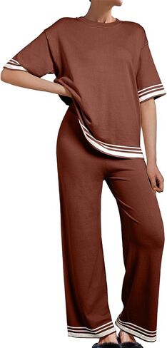 SHEWIN Lounge Sets For Women Casual 2 Piece Sets Short Sleeve Sweater Matching Wide Leg Pants Womens Spring Fashion 2025 in Kuwait