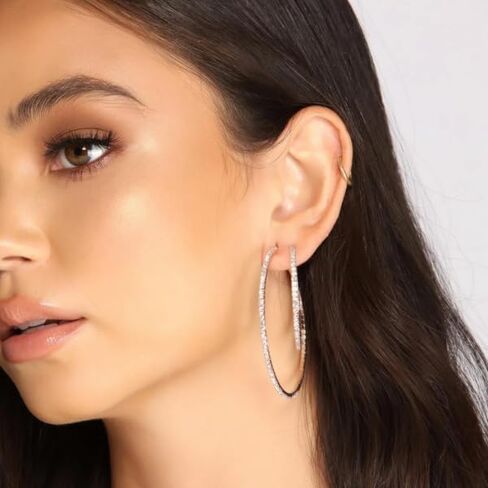 PABBEU 2mm 925 Sterling Silver Earrings Big Sterling Silver Hoop Earrings for Women Large Rhinestone Hoop Earrings Thin Hypoallergenic Cubic Zirconia Earrings for Women 30/40/50/60/70mm in Kuwait