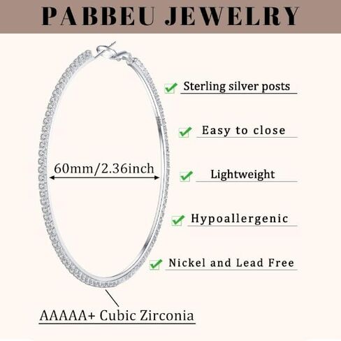 PABBEU 2mm 925 Sterling Silver Earrings Big Sterling Silver Hoop Earrings for Women Large Rhinestone Hoop Earrings Thin Hypoallergenic Cubic Zirconia Earrings for Women 30/40/50/60/70mm in Kuwait