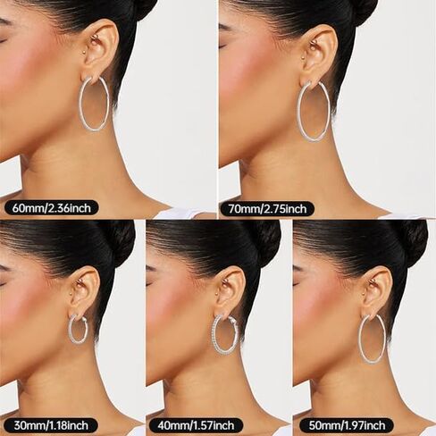 PABBEU 2mm 925 Sterling Silver Earrings Big Sterling Silver Hoop Earrings for Women Large Rhinestone Hoop Earrings Thin Hypoallergenic Cubic Zirconia Earrings for Women 30/40/50/60/70mm in Kuwait