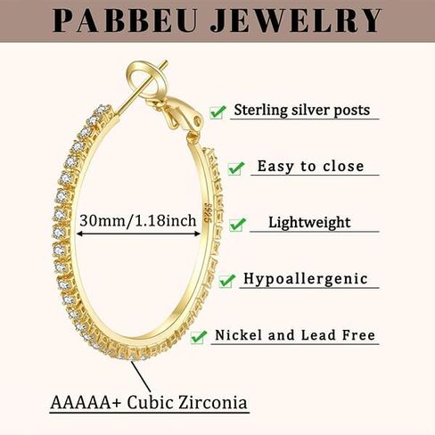 PABBEU 2mm 925 Sterling Silver Earrings Big Sterling Silver Hoop Earrings for Women Large Rhinestone Hoop Earrings Thin Hypoallergenic Cubic Zirconia Earrings for Women 30/40/50/60/70mm in Kuwait