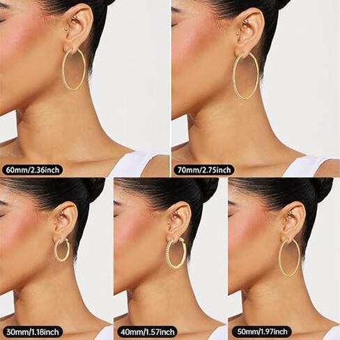 PABBEU 2mm 925 Sterling Silver Earrings Big Sterling Silver Hoop Earrings for Women Large Rhinestone Hoop Earrings Thin Hypoallergenic Cubic Zirconia Earrings for Women 30/40/50/60/70mm in Kuwait