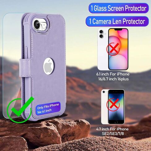 VANAVAGY Compatible for iPhone 16e Wallet Case, RFID Flip Shcokproof Case with Card Holder Kickstand, [Camera Lens & Screen Protector] PU Leather Phone Cover for Wireless Charging,Clove Purple in Kuwait