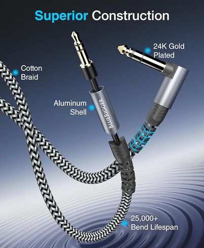 BlueRigger 3.5mm 90 Degree Stereo Audio Cable (10FT, L-Shaped Right Angle Jack, Auxiliary Cable, Male to Male, Hi-Fi Sound) – Aux Cord for Headphones, Car Stereo, Speaker, Phone, Tablet, Laptop in Kuwait